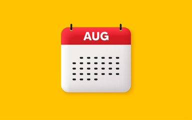 Calendar date 3d icon. August month icon. Event schedule Aug date. Meeting appointment planner. Agenda plan, Month schedule 3d calendar and Time planner. August day reminder. Vector