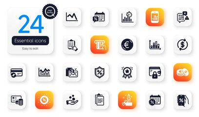 Set of Finance flat icons. Report timer, Discounts calendar and Binary code elements for web application. Wallet, Investment, Donation money icons. Innovation, Dollar exchange. Vector
