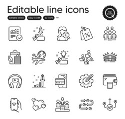 Set of Business outline icons. Contains icons as Correct way, Innovation and Internet app elements. Group people, Checked calculation, Business podium web signs. Heart, Bio shopping. Vector
