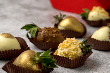 Closeup of chocolate covered strawberries Side view.Desser concept