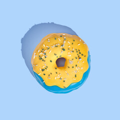 Donut with yellow glaze on blue pastel background