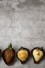 Fototapeta na wymiar Vertical Food banner with chocolate strawberries with Place for text.Top view