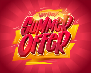 Summer offer vector banner template with hand drawn lettering, hello summer poster