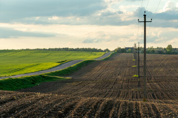 Rows of soil before planting. Drawing of furrows on a plowed field prepared for spring sowing of...