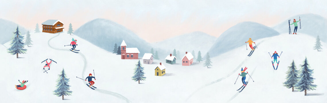 Panoramic illustration of winter wonderland in pink pastel background.The cute small village in Christmas day with snow.People skiing in mountain resort. Minimal winter landscape.
Cartoon illustration