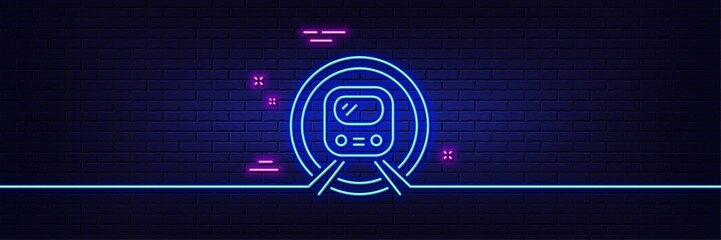 Neon light glow effect. Metro subway transport line icon. Public underground transportation sign. 3d line neon glow icon. Brick wall banner. Metro subway outline. Vector