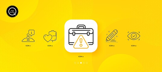 Fototapeta na wymiar Interview, Blood and Brand contract minimal line icons. Yellow abstract background. Biometric eye, Warning briefcase icons. For web, application, printing. Vector