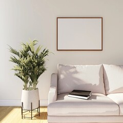 Living room with blank horizontal frame mockup, light sofa and books. 3d rendering, interior design, 3d illustration