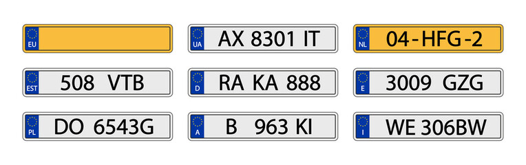 Plate car with number. Plate car license. European registration of vehicle. Sign of europe licence. Euro numberplate of auto. Icon of eu, germany, poland, netherlands, spain and italy. Vector
