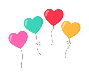 Fototapeta na wymiar Balloon heart. Hearts of balloons in flat style. Bunch of balloons for love, birthday and party. Flying ballon with rope. Balls isolated on white background. Icons for celebrate and carnival. Vector