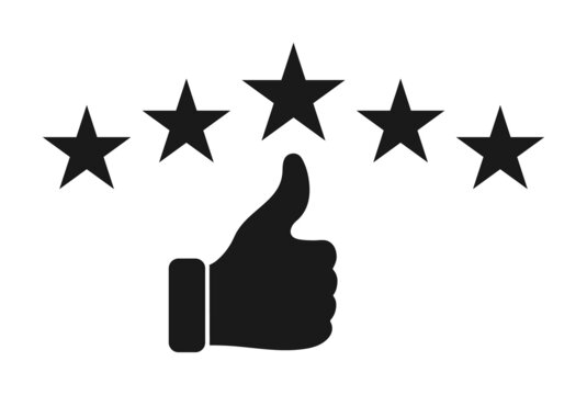 Hand with 5 star. 5 star of rate, experience of customer and review. Icon for review service, satisfaction and quality. Best score of survey. Online feedback from customers. Vector