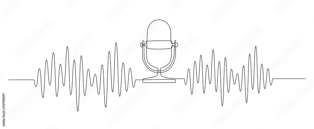 Poster continuous one line drawing of podcast microphone and sound wave with different amplitude. vintage m