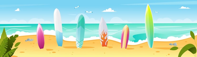 Panorama, banner with surfboads on a beach, landscape with ocean, sky and sand, tropical plants. Vector illustration in flat style