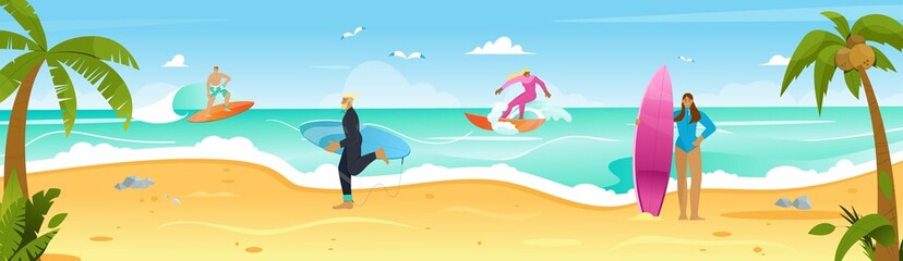 Obraz na płótnie Canvas People, surfers having fun during summer time on surfboards. Beach resort, landscape with sand, sea, palm trees. Flat vector illustration