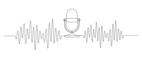Continuous one line drawing of podcast microphone and sound wave with different amplitude. Vintage mike in simple linear style for banner music, webinar, online training. Doodle vector illustration