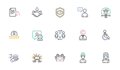 Teamwork, Human rating and Food delivery line icons for website, printing. Collection of Video conference, Hold document, Disability icons. Buying process, Doctor, Dont handshake web elements. Vector