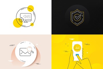 Minimal set of Search mail, Confirmed and Line graph line icons. Phone screen, Quote banners. Seo icons. For web development. Find letter, Accepted message, Market diagram. Search engine. Vector