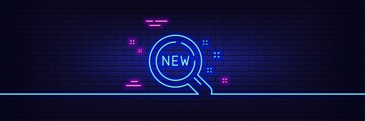 Neon light glow effect. New products line icon. Search sign. Magnifier glass symbol. 3d line neon glow icon. Brick wall banner. New products outline. Vector