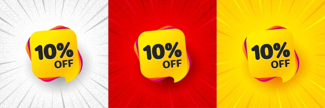 Sale 10 percent off banner. Flash offer banner, coupon or poster. Discount sticker shape. Coupon bubble icon. Sale 10 percent promo banner. Retail marketing flyer. Starburst pop art. Vector