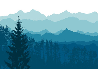 Mountains blue background. Spruce and pine mountain forest. Vector illustration - obrazy, fototapety, plakaty