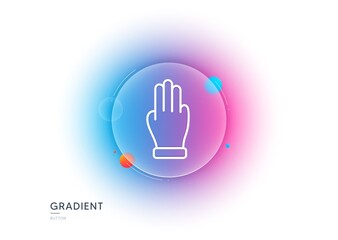 Three fingers hand line icon. Gradient blur button with glassmorphism. Click palm sign. Gesture symbol. Transparent glass design. Three fingers line icon. Vector