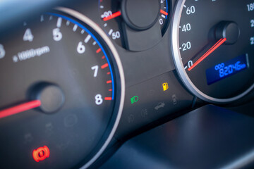 Empty fuel gas gauge. Car tank low petrol meter indicator on dashboard. Fuel car gauge empty.