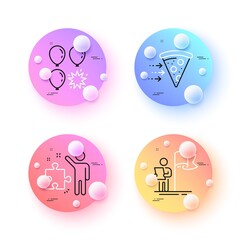 Leadership, Food delivery and Balloon dart minimal line icons. 3d spheres or balls buttons. Strategy icons. For web, application, printing. Winner flag, Piece of pizza, Attraction park. Vector