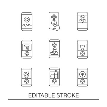 Telehealth line icons set. Virtual medical consultation. Online medical examinations. Medicine concepts. Isolated vector illustrations. Editable stroke