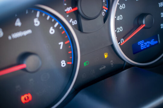 Empty Fuel Gas Gauge. Car Tank Low Petrol Meter Indicator On Dashboard. Fuel Car Gauge Empty.