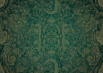 Hand-drawn unique abstract gold ornament on a dark green cold background, with vignette of darker background color. Paper texture. Digital artwork, A4. (pattern: p01a)
