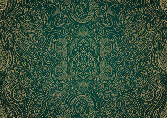 Hand-drawn unique abstract gold ornament on a dark green cold background, with vignette of darker background color and splatters of golden glitter. Paper texture. Digital artwork, A4. (pattern: p01a)