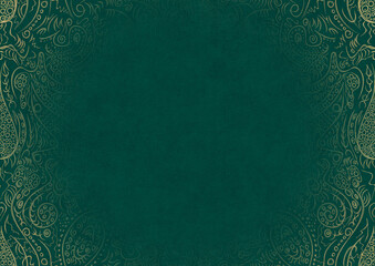 Dark cold green textured paper with vignette of golden hand-drawn pattern. Copy space. Digital artwork, A4. (pattern: p01a)