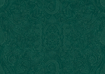 Hand-drawn unique abstract symmetrical seamless ornament. Bright semi transparent green on a deep cold green background. Paper texture. Digital artwork, A4. (pattern: p01a)