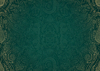 Hand-drawn unique abstract ornament. Light green on a dark cold green background, with vignette in golden glitter. Paper texture. Digital artwork, A4. (pattern: p01a)