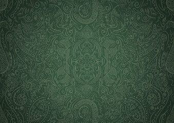 Hand-drawn unique abstract symmetrical seamless ornament. Bright green on a deep warm green with vignette of a darker background color. Paper texture. Digital artwork, A4. (pattern: p01a)