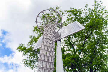Basketball hoop with a very long white net