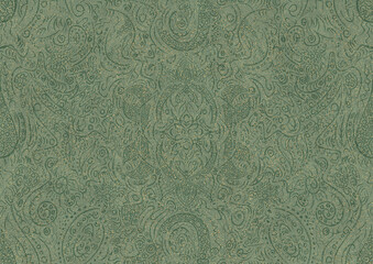 Hand-drawn unique abstract seamless ornament. Dark green on light warm green background, with splatters of golden glitter. Paper texture. Digital artwork, A4. (pattern: p01a)