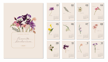 2023 calendar template on a botanical theme. Calendar design concept with abstract seasonal flowers and plants. Set of 12 months 2022 pages. Herbarium. Vector illustration - obrazy, fototapety, plakaty