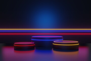 abstract backgound video game of esports scifi gaming cyberpunk, vr virtual reality simulation and metaverse, scene stand pedestal stage, 3d illustration rendering, futuristic neon glow room