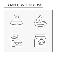Bakery line icons set. Sweet desserts. Pavlova dessert, cream puffs, meringue and apple pie. Tasty bread. Baking concepts. Isolated vector illustrations.Editable stroke