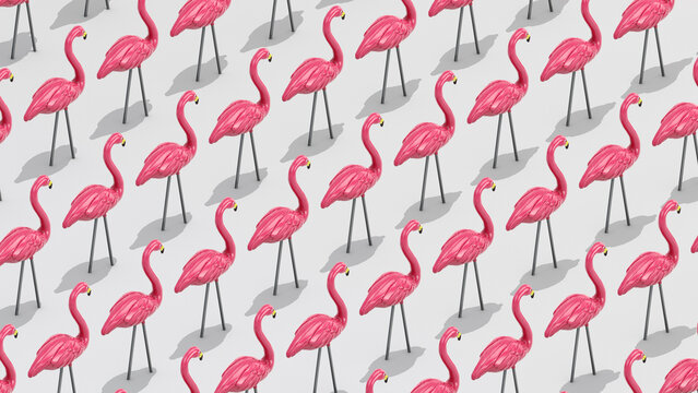 3D Trendy retro Summer pattern of a flock of isometric pink flamingo yard ornament walking upward on white background with Clipping Path
