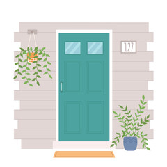 House entrance decorated with potted plants. Closed front door to apartment. Vector illustration
