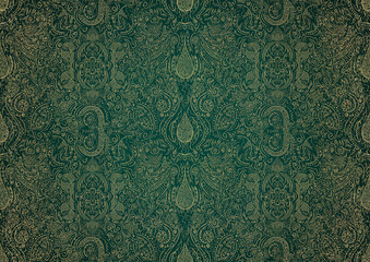 Hand-drawn unique abstract gold ornament on a dark green cold background, with vignette of darker background color and splatters of golden glitter. Paper texture. Digital artwork, A4. (pattern: p01b)