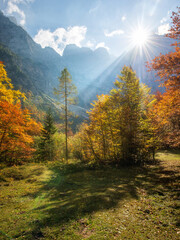 Beautiful autumn day in the Vrata valley in the Julian Alps mountains