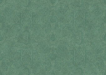Hand-drawn unique abstract symmetrical seamless ornament. Dark semi transparent green on a light cold green background color. Paper texture. A4. (pattern: p01b)