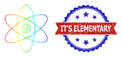 Net atom orbits framework icon with spectral gradient, and bicolor unclean It'S Elementary seal. Red stamp seal includes It'S Elementary caption inside blue rosette.