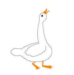 Drawing of a goose in doodle style. Farm bird. Black line drawing with orange nose and paws. Vector illustration isolated on white background