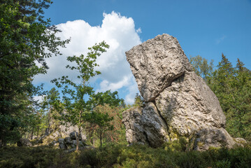 rocky quartz formation, tourist destination geotope Grosser Pfahl, near Viechtach lower bavaria. blue sky and cloud