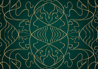 Hand-drawn unique abstract gold ornament on a dark green cold background, with vignette of darker background color. Paper texture. Digital artwork, A4. (pattern: p02-1a)