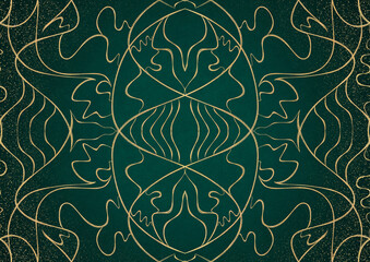 Hand-drawn unique abstract gold ornament on a dark green cold background, with vignette of darker background color and splatters of golden glitter. Paper texture. A4. (pattern: p02-1a)